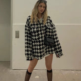 Kaerwx | Women’s Houndstooth Wool Coat Mid-Length Thick Autumn Winter