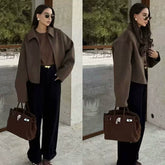 Kaerwx | Women’s Brown Woolen Short Jacket – Chic Street Style with Zipper Lapel