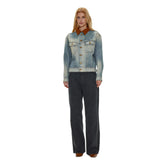 Kaerwx | Women’s Washed Blue Denim Jacket – Retro Off-Shoulder Corduroy Collar